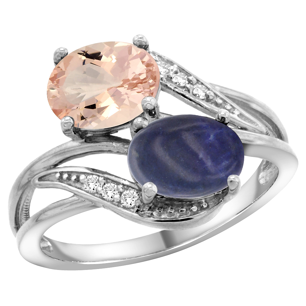 10K White Gold Diamond Natural Morganite &amp; Lapis 2-stone Ring Oval 8x6mm, sizes 5 - 10