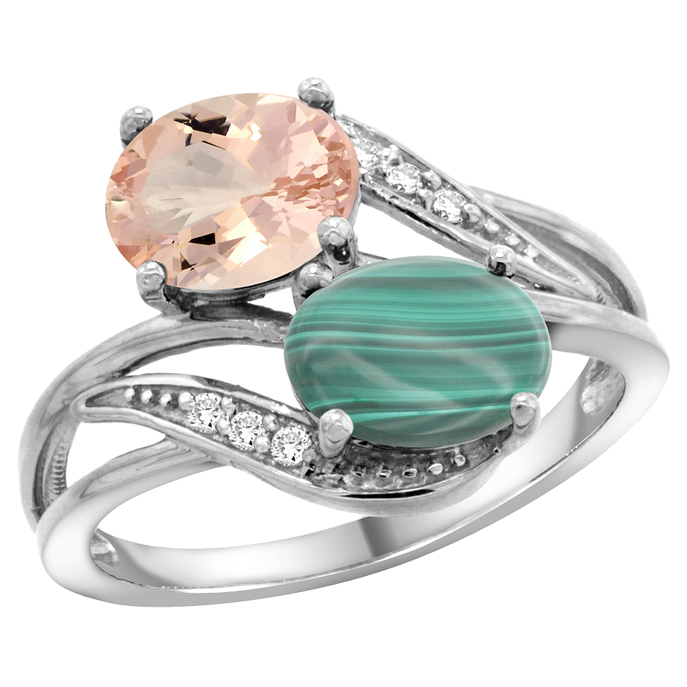 10K White Gold Diamond Natural Morganite & Malachite 2-stone Ring Oval 8x6mm, sizes 5 - 10