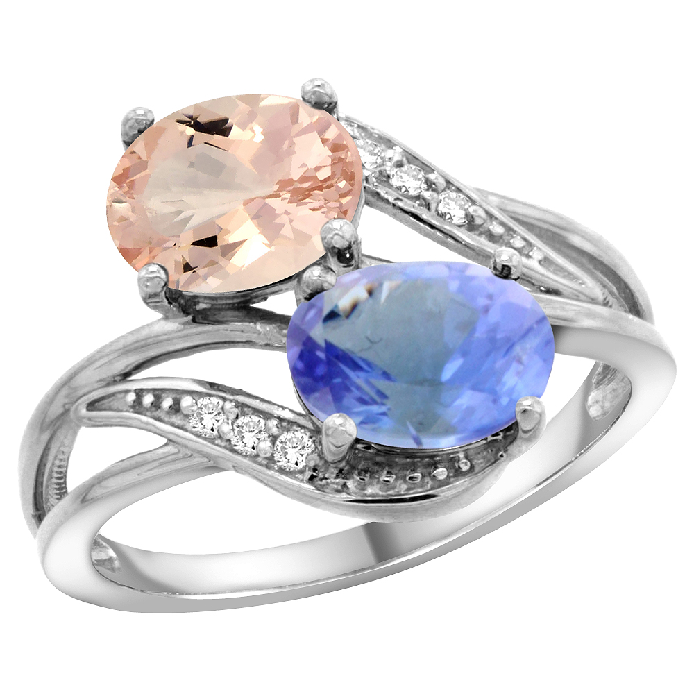 10K White Gold Diamond Natural Morganite &amp; Tanzanite 2-stone Ring Oval 8x6mm, sizes 5 - 10