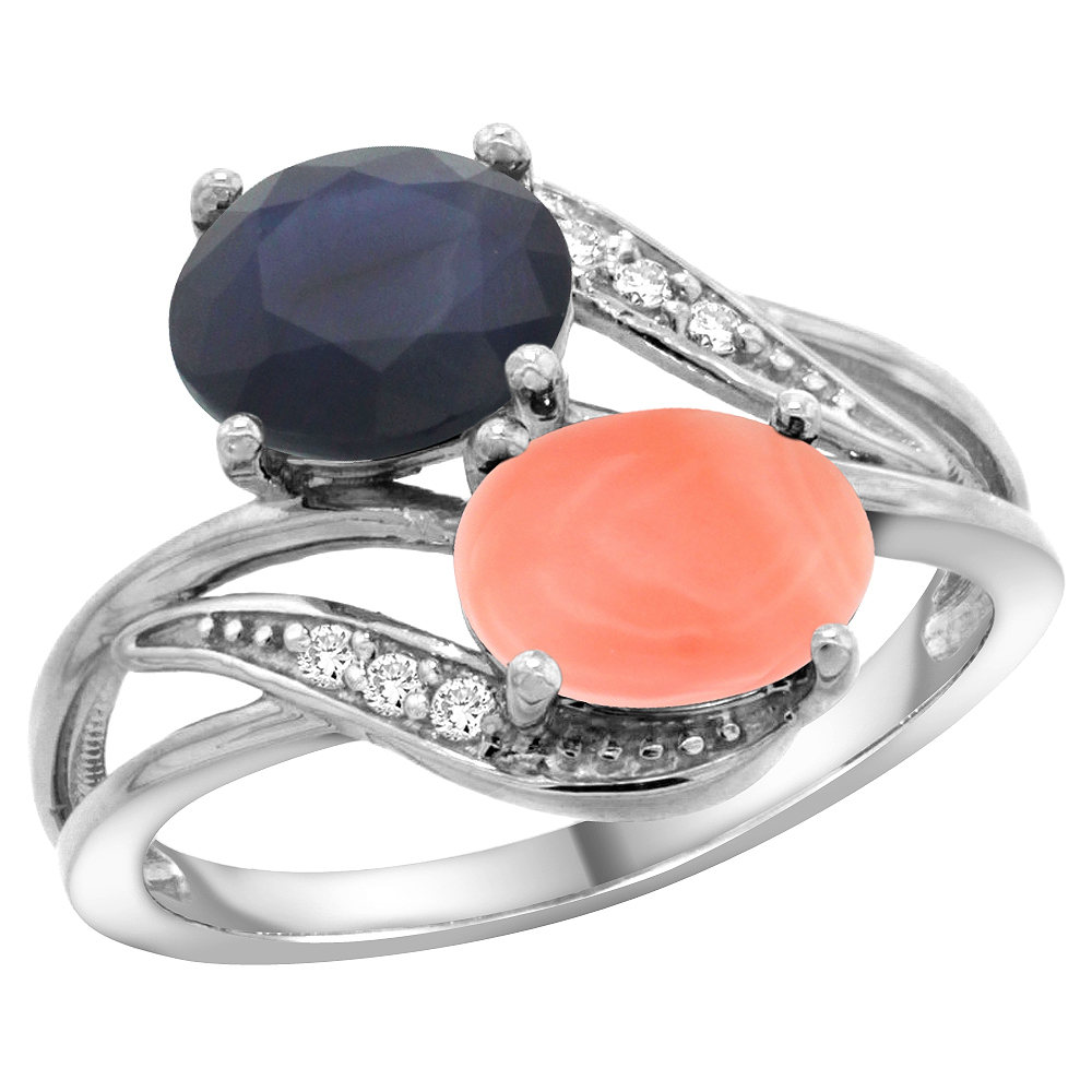 10K White Gold Diamond Natural Australian Sapphire & Coral 2-stone Ring Oval 8x6mm, sizes 5 - 10