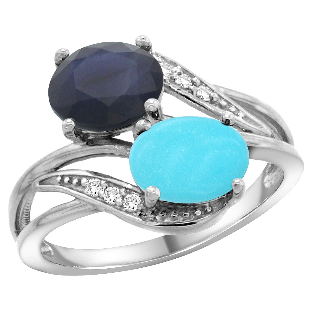 10K White Gold Diamond Natural Turquoise &amp; Australian Sapphire 2-stone Ring Oval 8x6mm, sizes 5 - 10