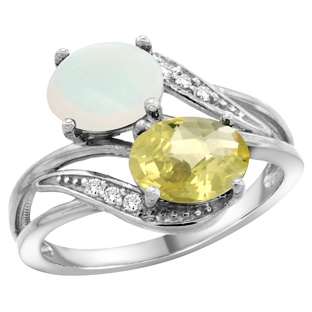 10K White Gold Diamond Natural Opal & Lemon Quartz 2-stone Ring Oval 8x6mm, sizes 5 - 10