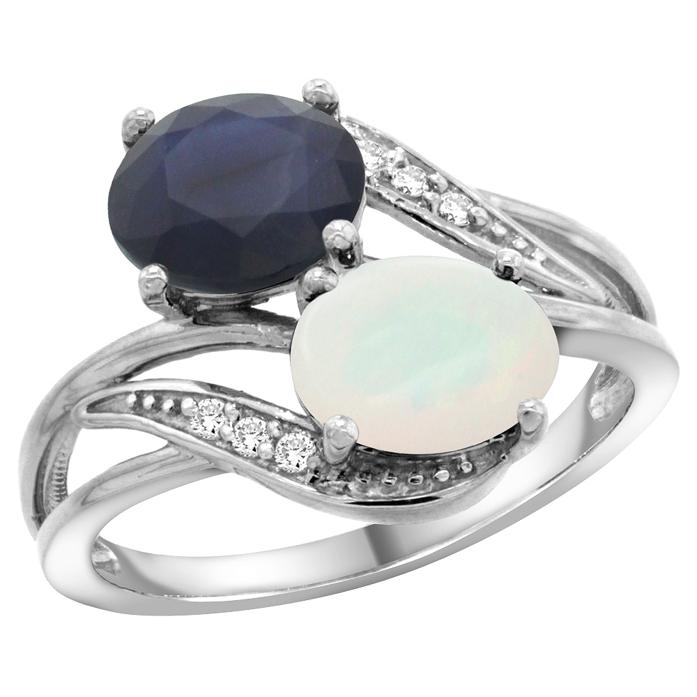 10K White Gold Diamond Natural Opal &amp; Australian Sapphire 2-stone Ring Oval 8x6mm, sizes 5 - 10