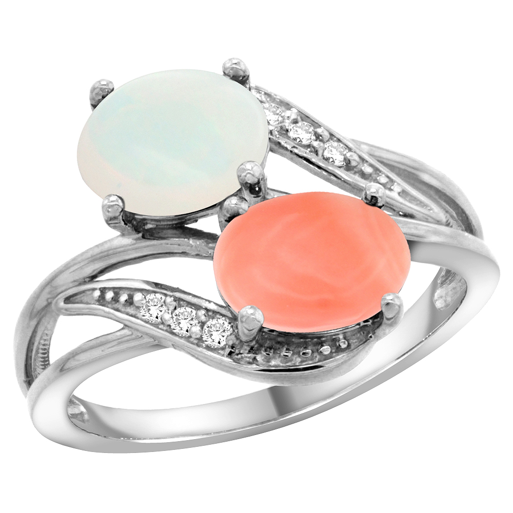 10K White Gold Diamond Natural Opal & Coral 2-stone Ring Oval 8x6mm, sizes 5 - 10