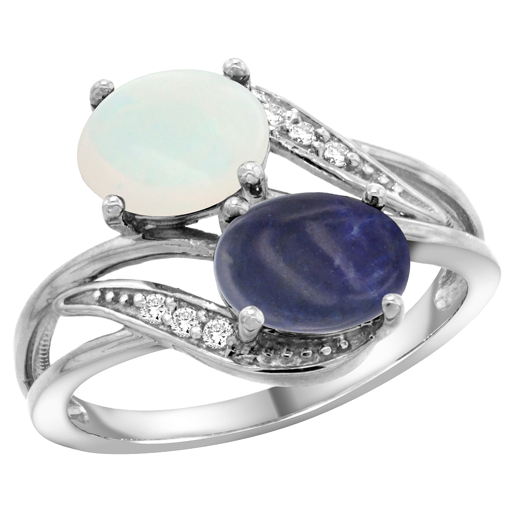 10K White Gold Diamond Natural Opal &amp; Lapis 2-stone Ring Oval 8x6mm, sizes 5 - 10