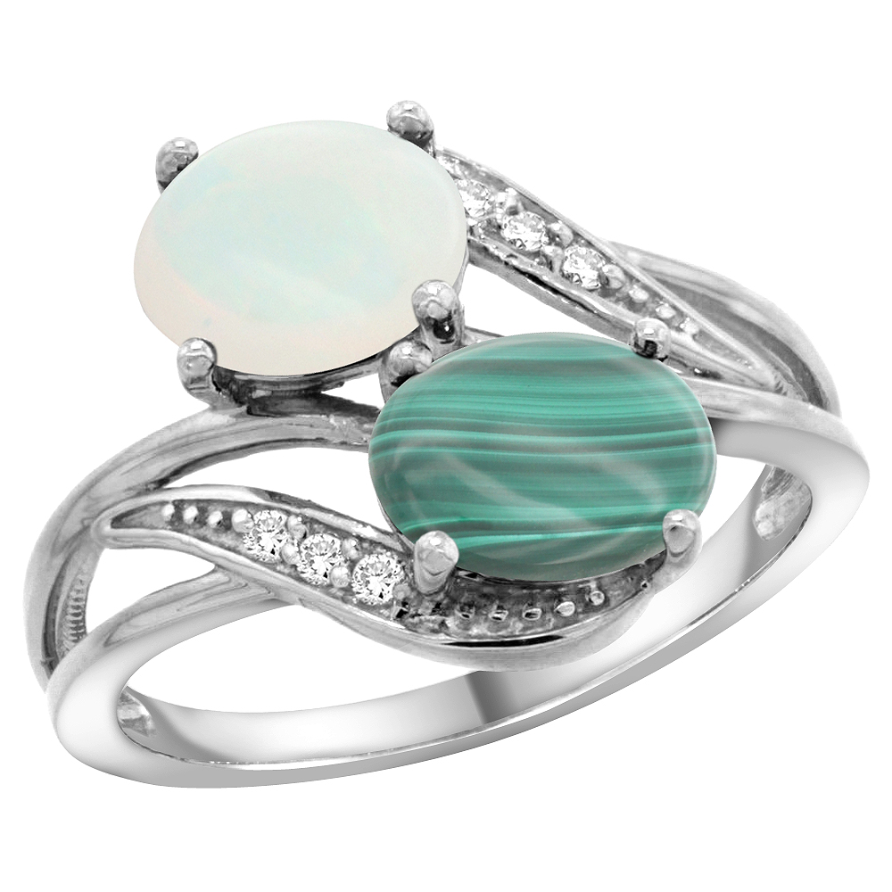 10K White Gold Diamond Natural Opal &amp; Malachite 2-stone Ring Oval 8x6mm, sizes 5 - 10