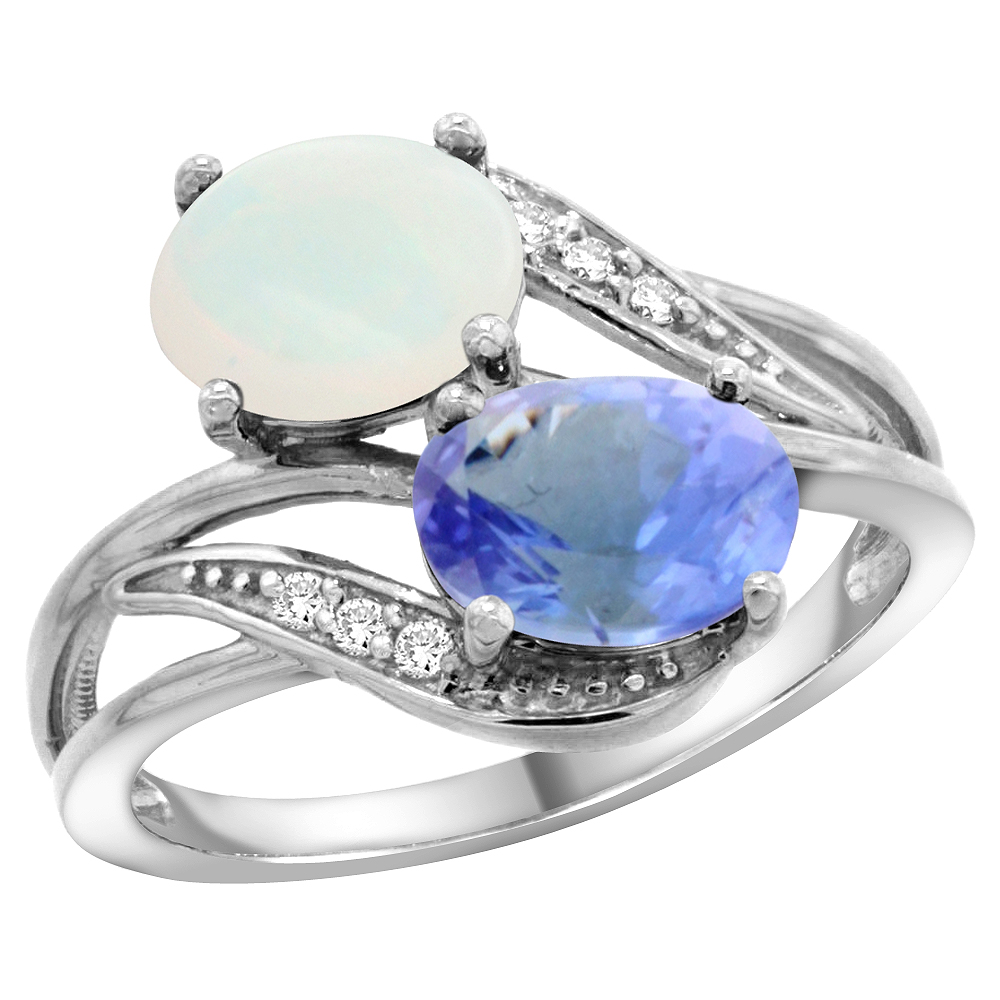 10K White Gold Diamond Natural Opal & Tanzanite 2-stone Ring Oval 8x6mm, sizes 5 - 10