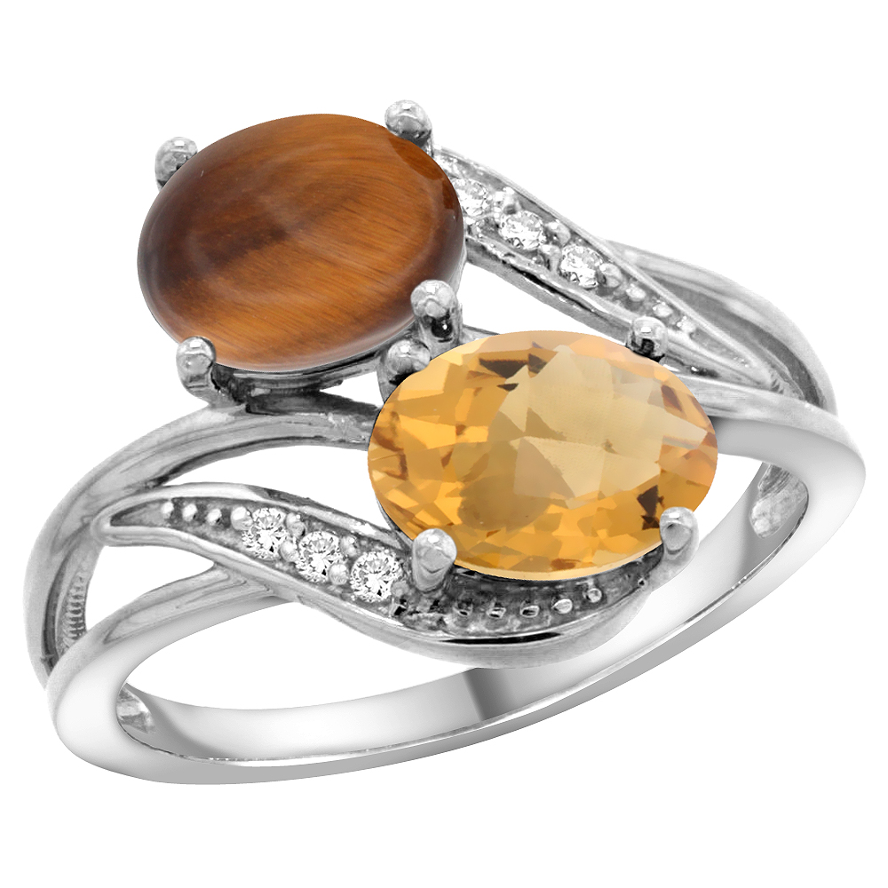 10K White Gold Diamond Natural Tiger Eye & Whisky Quartz 2-stone Ring Oval 8x6mm, sizes 5 - 10