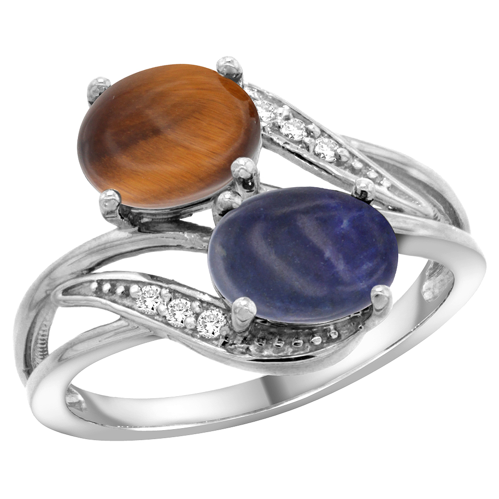 10K White Gold Diamond Natural Tiger Eye &amp; Lapis 2-stone Ring Oval 8x6mm, sizes 5 - 10