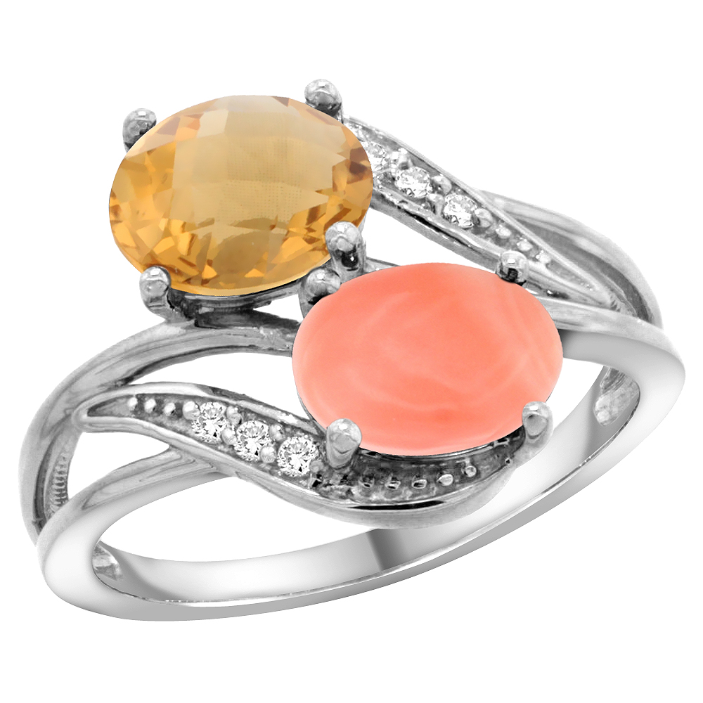 10K White Gold Diamond Natural Whisky Quartz &amp; Coral 2-stone Ring Oval 8x6mm, sizes 5 - 10