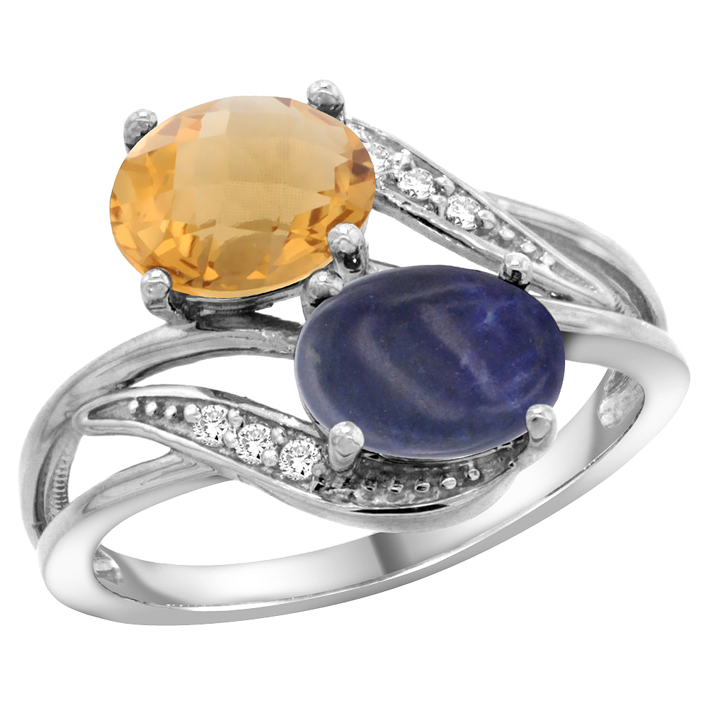 10K White Gold Diamond Natural Whisky Quartz & Lapis 2-stone Ring Oval 8x6mm, sizes 5 - 10