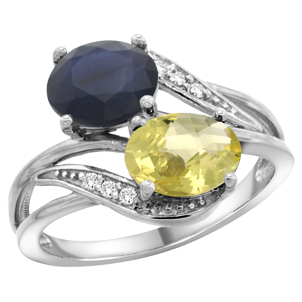 10K White Gold Diamond Natural Lemon Quartz & Australian Sapphire 2-stone Ring Oval 8x6mm, sizes 5 - 10