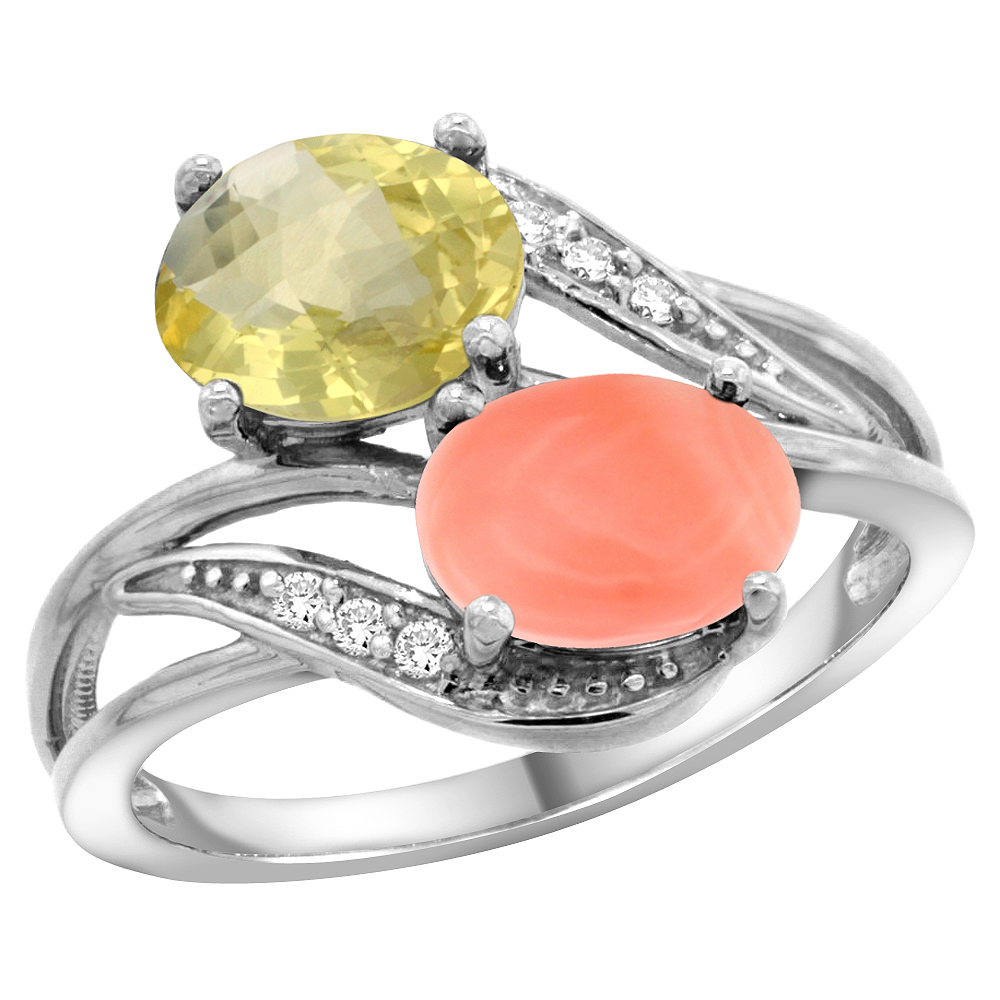 10K White Gold Diamond Natural Lemon Quartz & Coral 2-stone Ring Oval 8x6mm, sizes 5 - 10