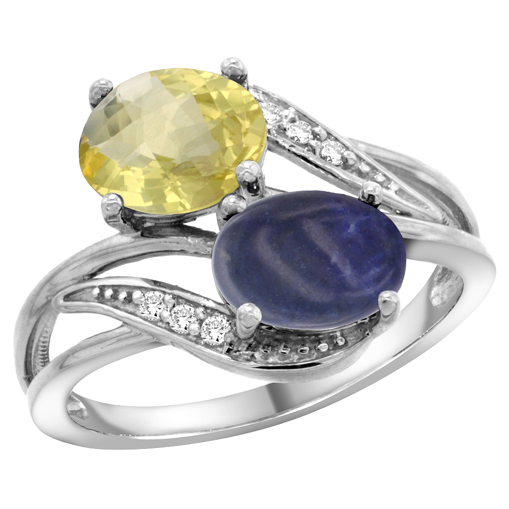 10K White Gold Diamond Natural Lemon Quartz & Lapis 2-stone Ring Oval 8x6mm, sizes 5 - 10