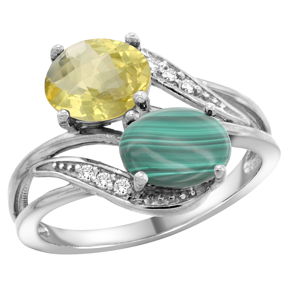 10K White Gold Diamond Natural Lemon Quartz & Malachite 2-stone Ring Oval 8x6mm, sizes 5 - 10