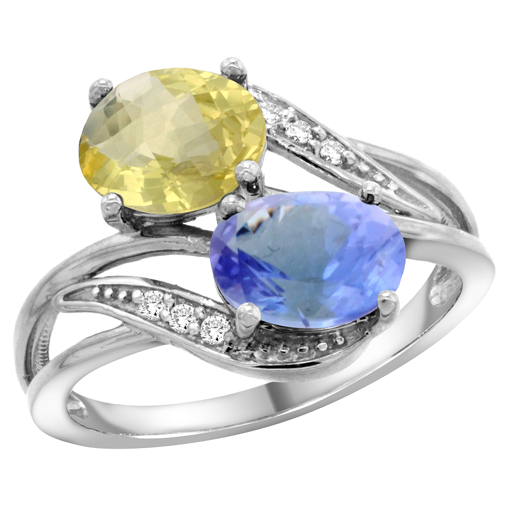 10K White Gold Diamond Natural Lemon Quartz &amp; Tanzanite 2-stone Ring Oval 8x6mm, sizes 5 - 10