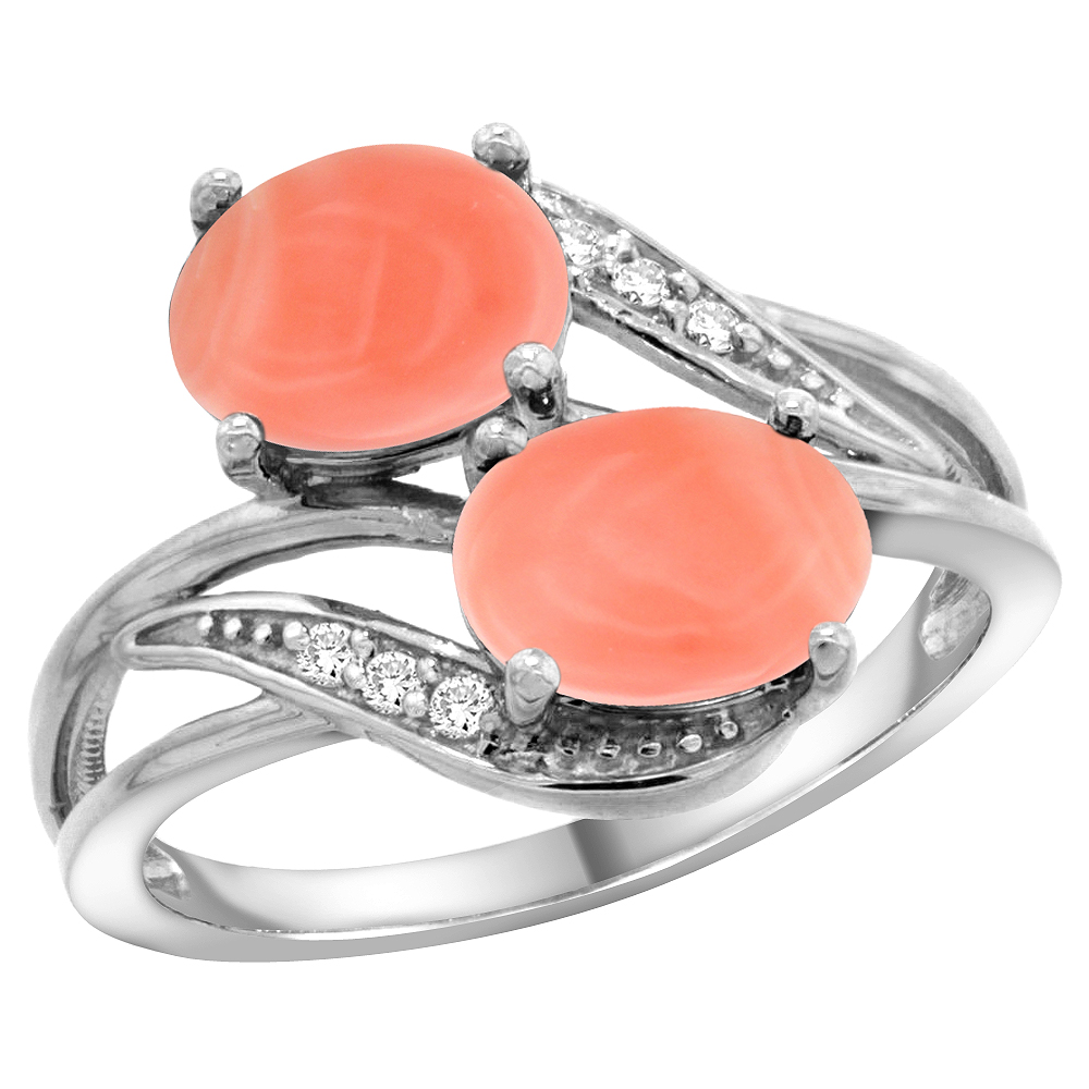 10K White Gold Diamond Natural Coral 2-stone Ring Oval 8x6mm, sizes 5 - 10