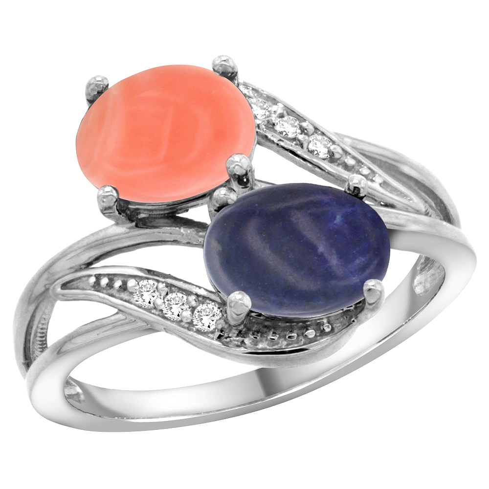 10K White Gold Diamond Natural Coral &amp; Lapis 2-stone Ring Oval 8x6mm, sizes 5 - 10