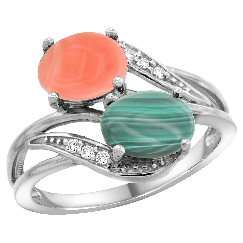 10K White Gold Diamond Natural Coral &amp; Malachite 2-stone Ring Oval 8x6mm, sizes 5 - 10