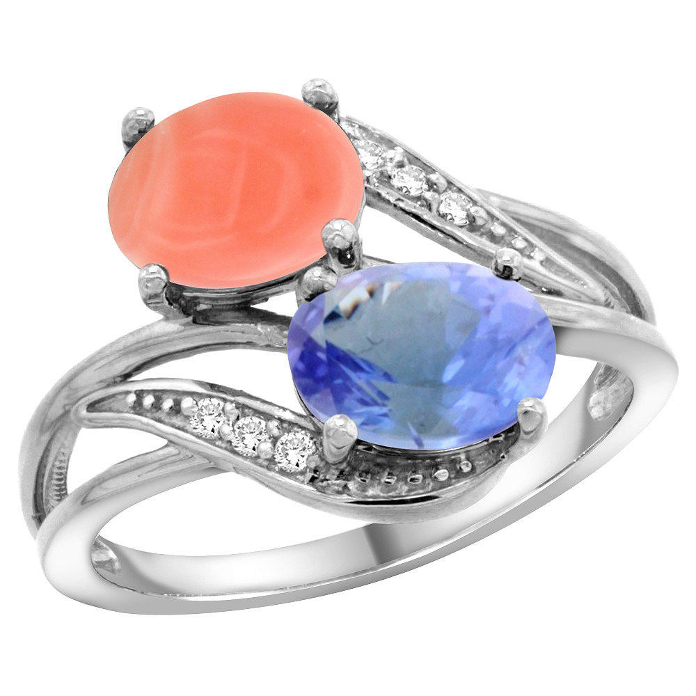 10K White Gold Diamond Natural Coral &amp; Tanzanite 2-stone Ring Oval 8x6mm, sizes 5 - 10