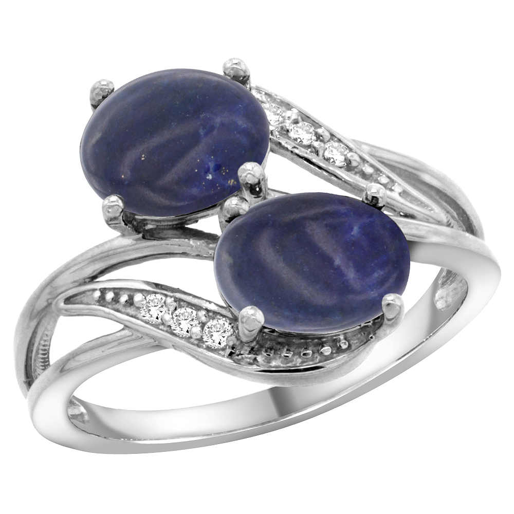 10K White Gold Diamond Natural Lapis 2-stone Ring Oval 8x6mm, sizes 5 - 10