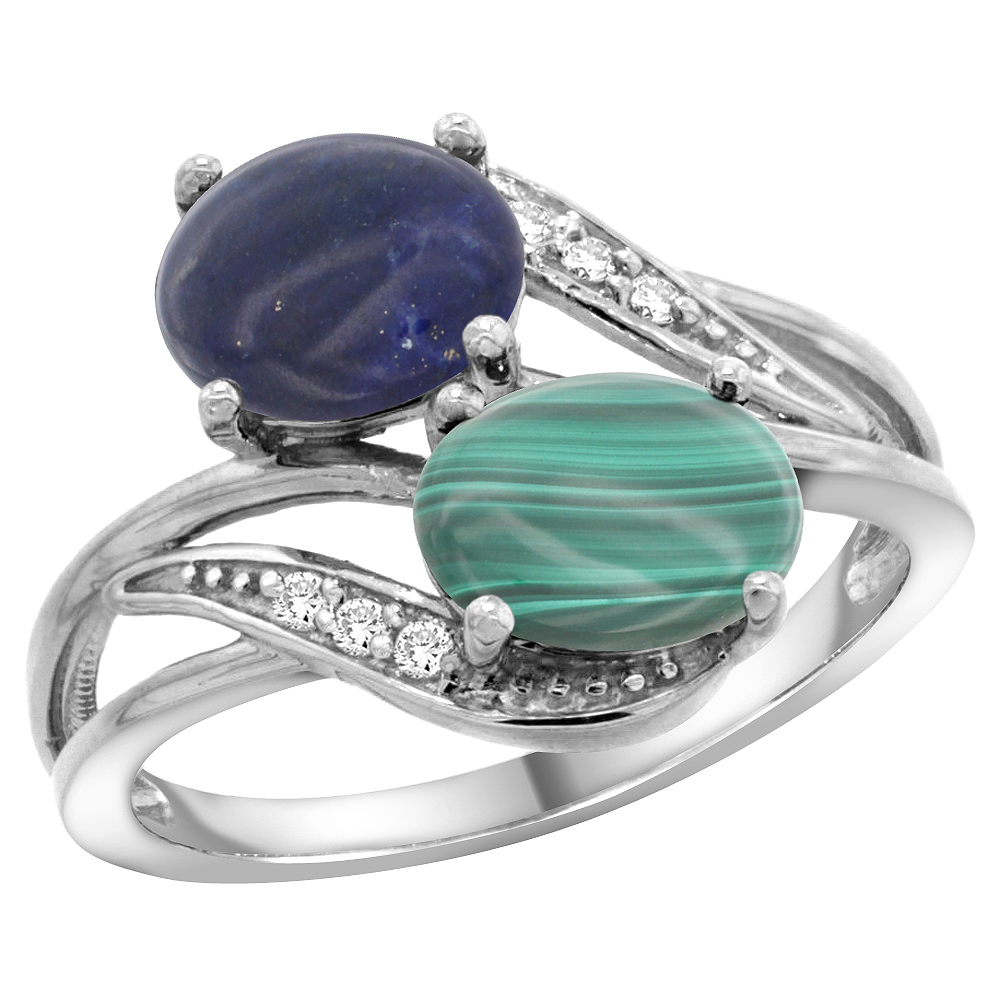 10K White Gold Diamond Natural Lapis & Malachite 2-stone Ring Oval 8x6mm, sizes 5 - 10