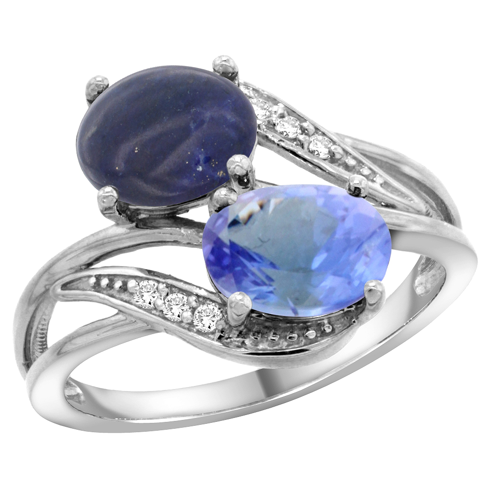 10K White Gold Diamond Natural Lapis &amp; Tanzanite 2-stone Ring Oval 8x6mm, sizes 5 - 10