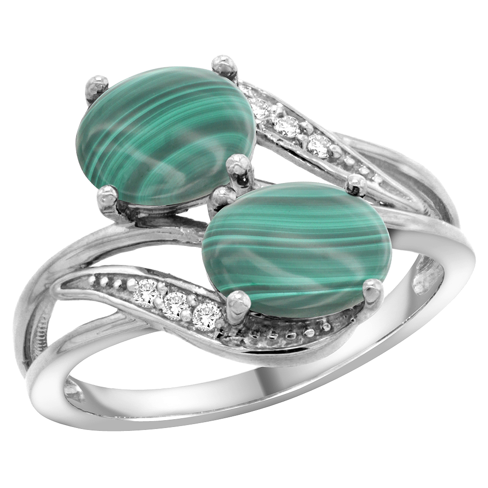 10K White Gold Diamond Natural Malachite 2-stone Ring Oval 8x6mm, sizes 5 - 10