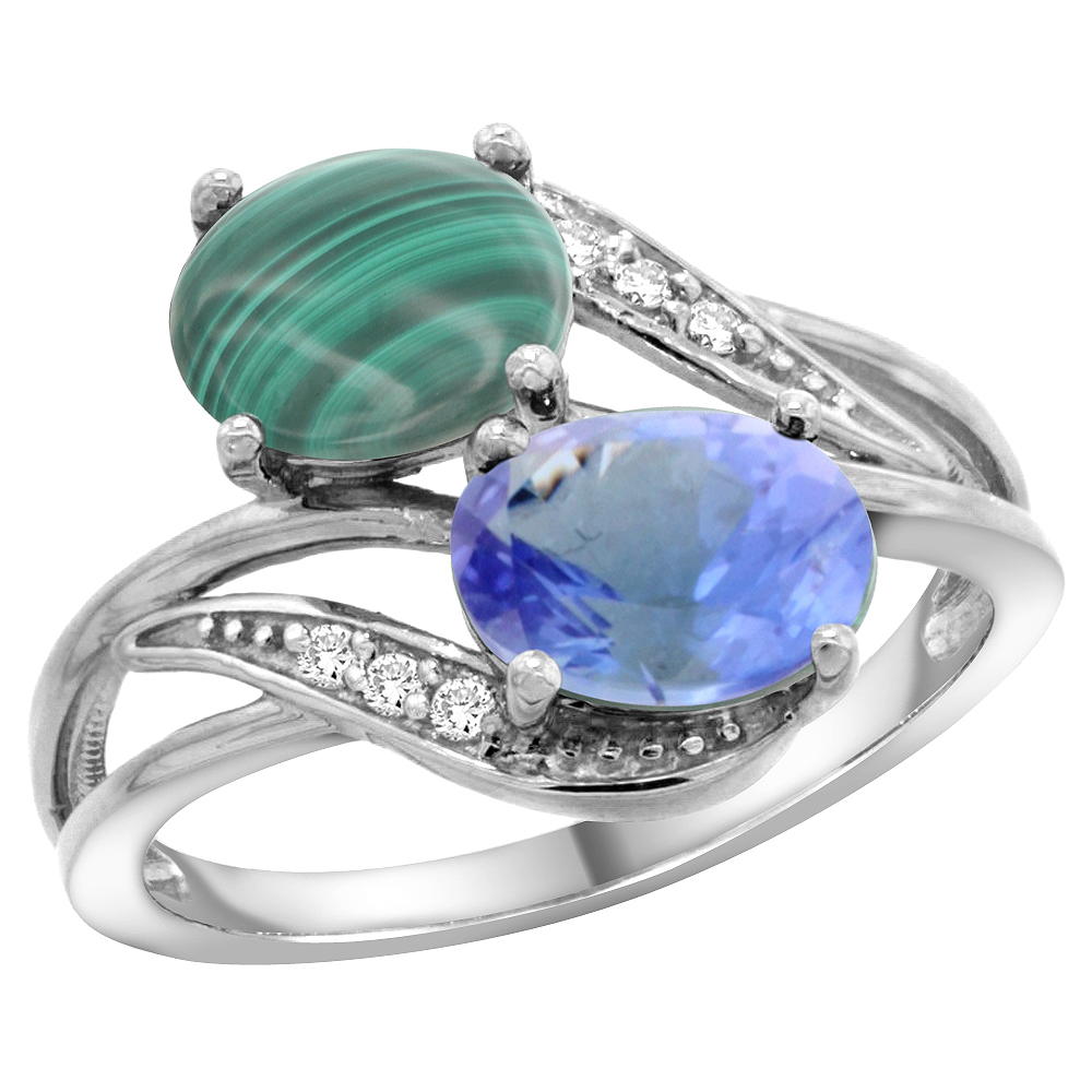 10K White Gold Diamond Natural Malachite &amp; Tanzanite 2-stone Ring Oval 8x6mm, sizes 5 - 10