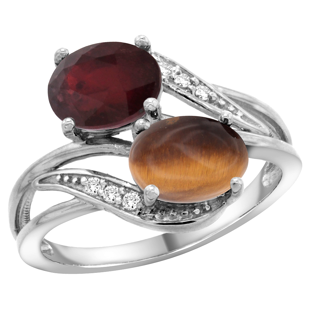 10K White Gold Diamond Natural Quality Ruby &amp; Tiger Eye 2-stone Mothers Ring Oval 8x6mm, size 5 - 10