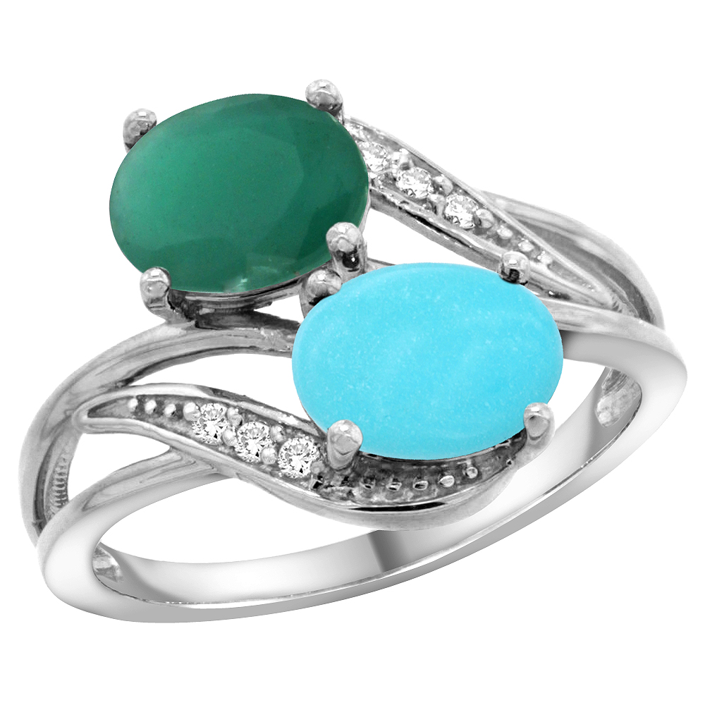 10K White Gold Diamond Natural Quality Emerald & Turquoise 2-stone Mothers Ring Oval 8x6mm, size 5 - 10