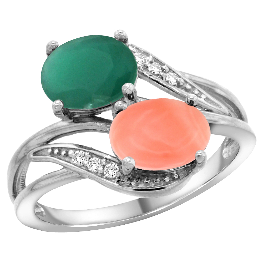 10K White Gold Diamond Natural Quality Emerald &amp; Coral 2-stone Mothers Ring Oval 8x6mm, size 5 - 10