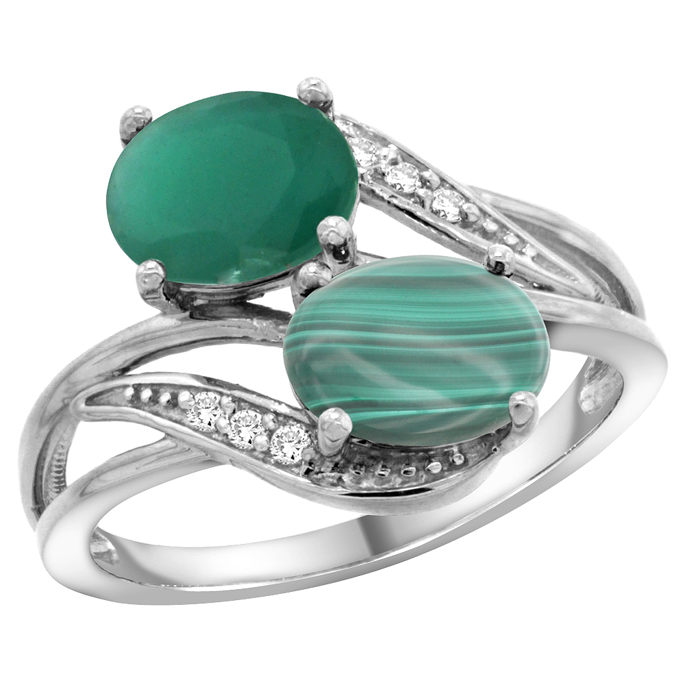 10K White Gold Diamond Natural Quality Emerald &amp; Malachite 2-stone Mothers Ring Oval 8x6mm, size 5 - 10