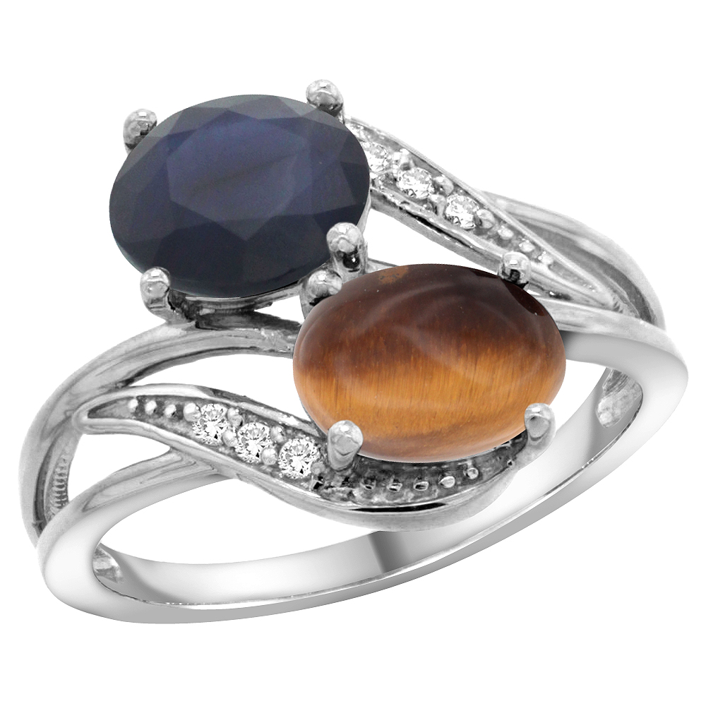 10K White Gold Diamond Natural Quality Blue Sapphire & Tiger Eye 2-stone Mothers Ring Oval 8x6mm,sz5 - 10