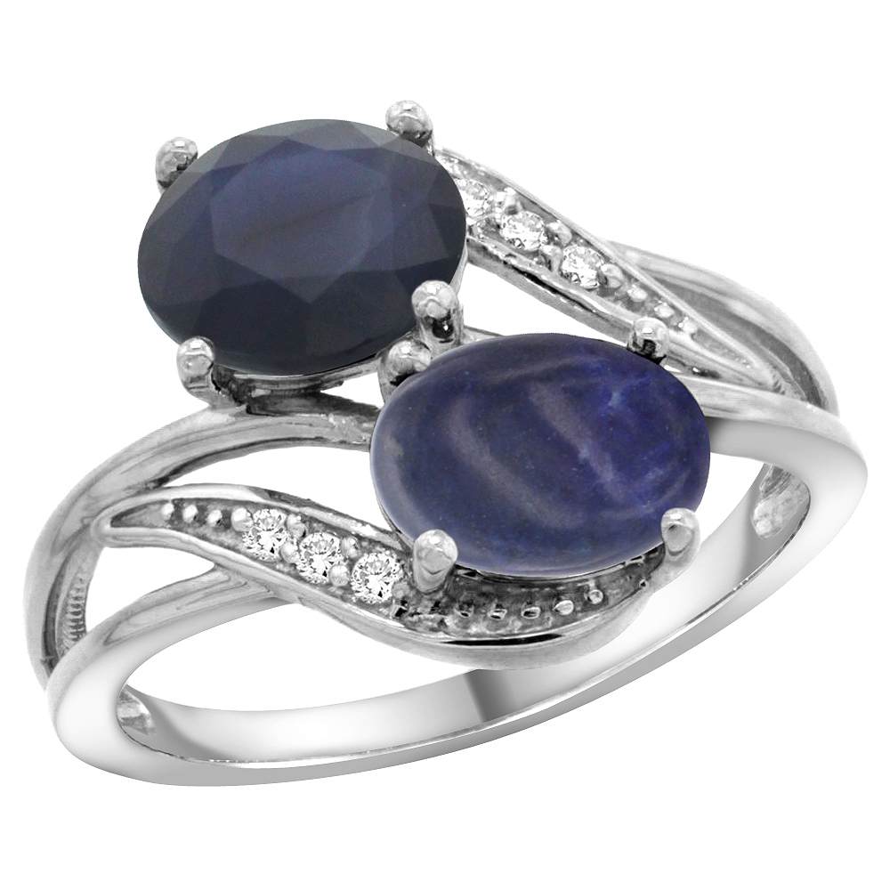 10K White Gold Diamond Natural Quality Blue Sapphire &amp; Lapis 2-stone Mothers Ring Oval 8x6mm, size 5 - 10