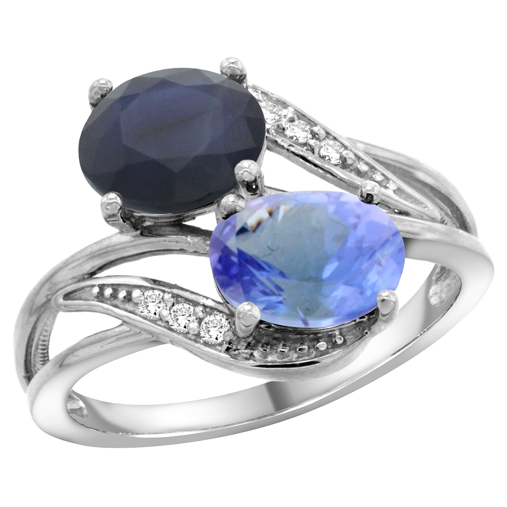 10K White Gold Diamond Natural Quality Blue Sapphire & Tanzanite 2-stone Mothers Ring Oval 8x6mm,sz5 - 10