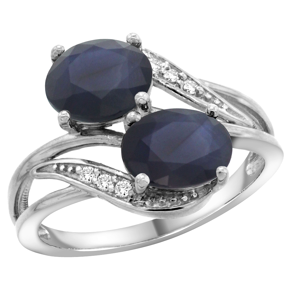 10K White Gold Diamond Natural Quality Blue Sapphire 2-stone Mothers Ring Oval 8x6mm, size 5 - 10