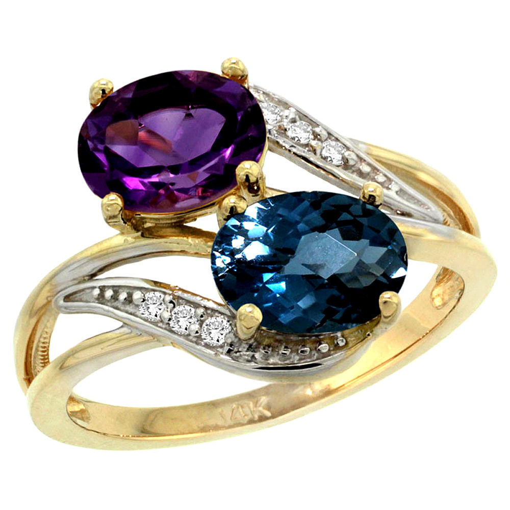 14K Yellow Gold Diamond Natural Amethyst &amp; London Blue Topaz 2-stone Ring Oval 8x6mm, sizes 5 - 10