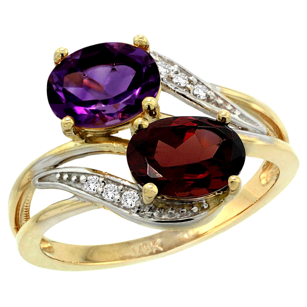 14K Yellow Gold Diamond Natural Amethyst &amp; Garnet 2-stone Ring Oval 8x6mm, sizes 5 - 10