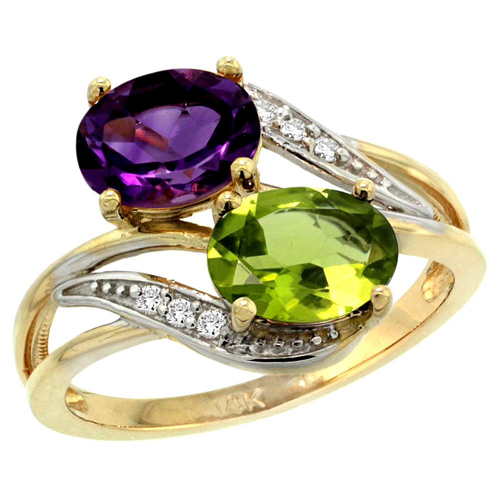 14K Yellow Gold Diamond Natural Amethyst &amp; Peridot 2-stone Ring Oval 8x6mm, sizes 5 - 10