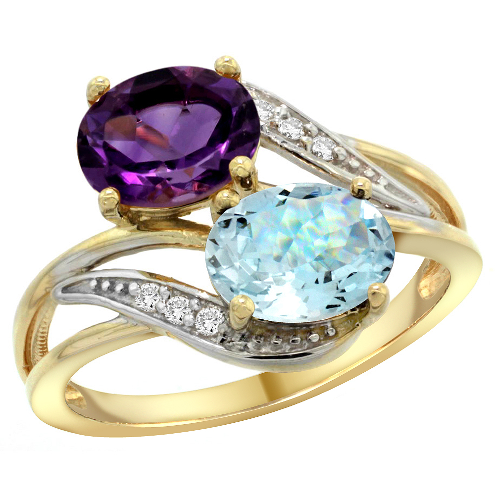 14K Yellow Gold Diamond Natural Amethyst &amp; Aquamarine 2-stone Ring Oval 8x6mm, sizes 5 - 10