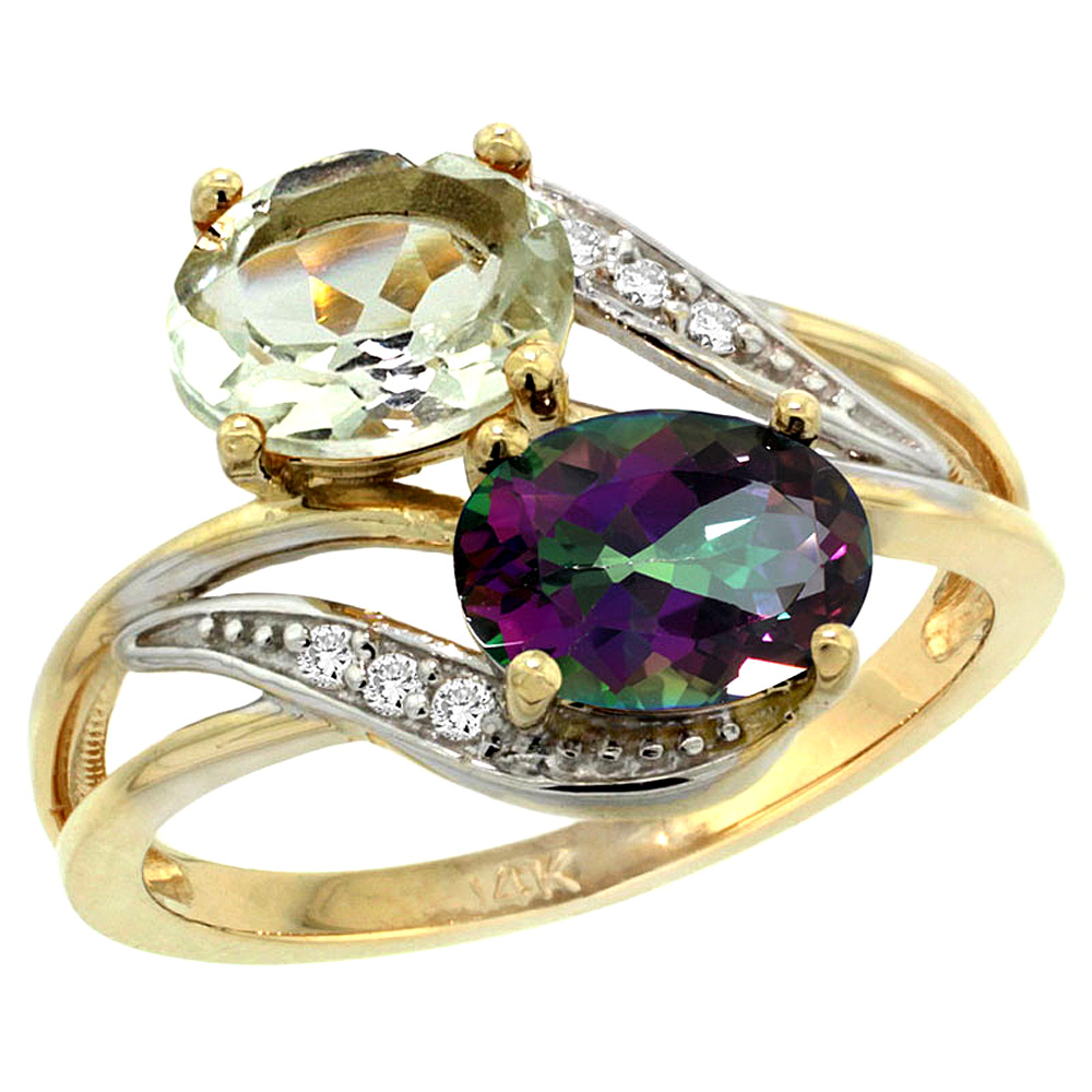 14K Yellow Gold Diamond Natural Green Amethyst &amp; Mystic Topaz 2-stone Ring Oval 8x6mm, sizes 5 - 10