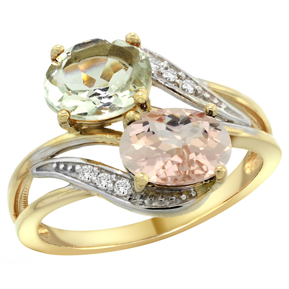 14K Yellow Gold Diamond Natural Green Amethyst & Morganite 2-stone Ring Oval 8x6mm, sizes 5 - 10