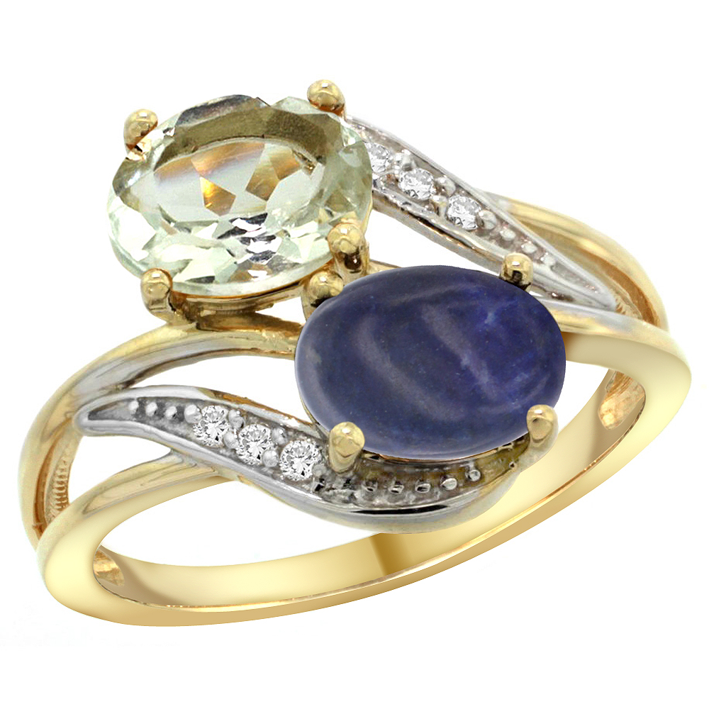 14K Yellow Gold Diamond Natural Green Amethyst &amp; Lapis 2-stone Ring Oval 8x6mm, sizes 5 - 10