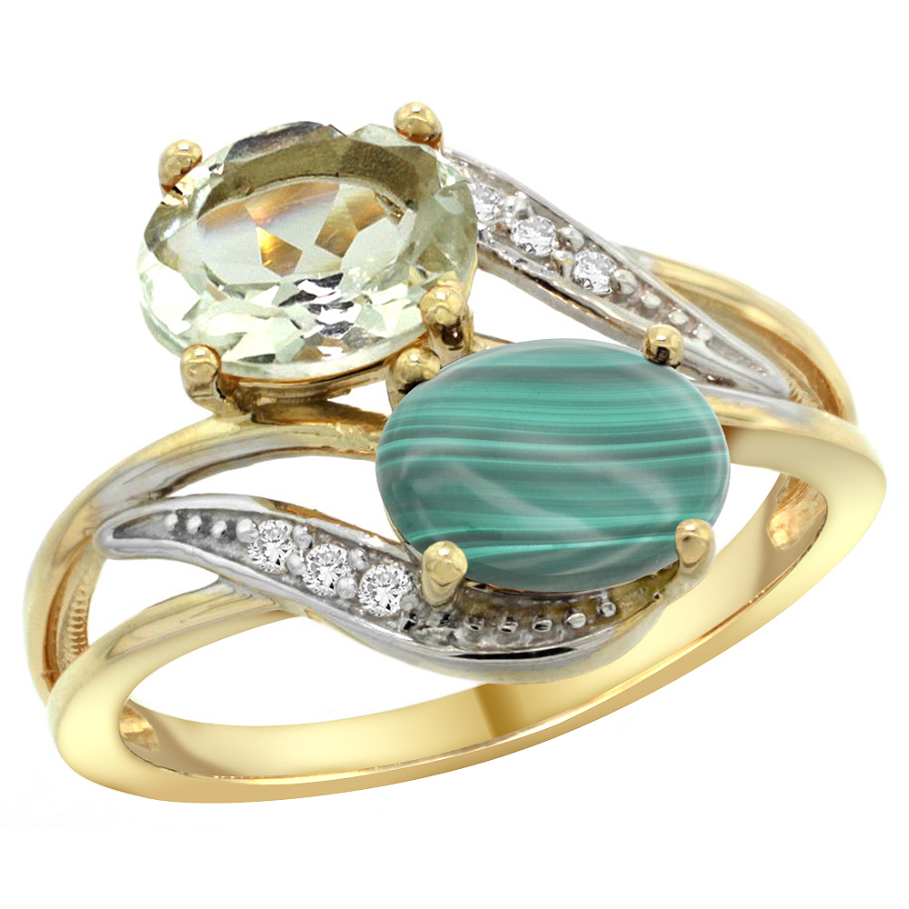 14K Yellow Gold Diamond Natural Green Amethyst &amp; Malachite 2-stone Ring Oval 8x6mm, sizes 5 - 10