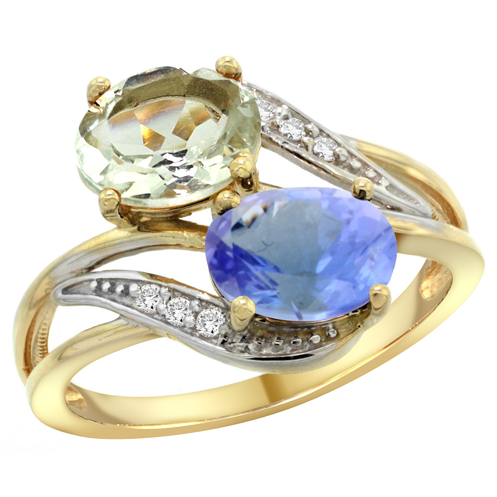 14K Yellow Gold Diamond Natural Green Amethyst & Tanzanite 2-stone Ring Oval 8x6mm, sizes 5 - 10