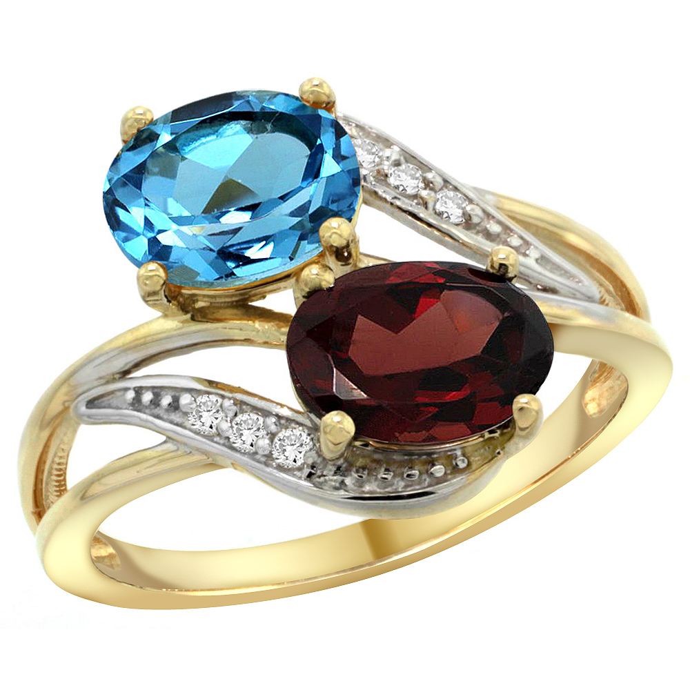 14K Yellow Gold Diamond Natural Swiss Blue Topaz &amp; Garnet 2-stone Ring Oval 8x6mm, sizes 5 - 10