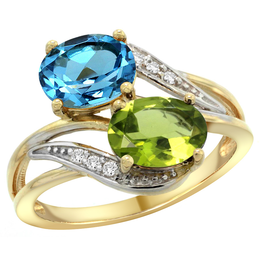 14K Yellow Gold Diamond Natural Swiss Blue Topaz &amp; Peridot 2-stone Ring Oval 8x6mm, sizes 5 - 10