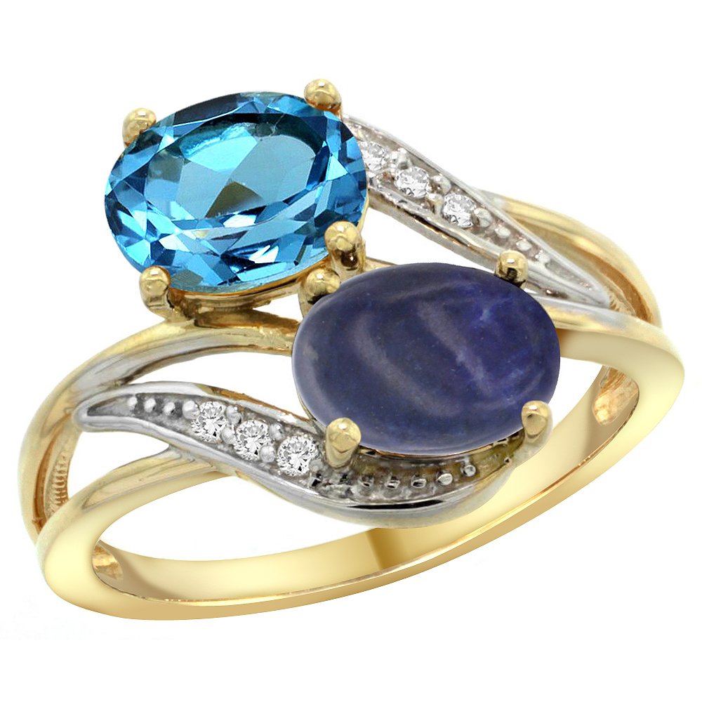 14K Yellow Gold Diamond Natural Swiss Blue Topaz &amp; Lapis 2-stone Ring Oval 8x6mm, sizes 5 - 10