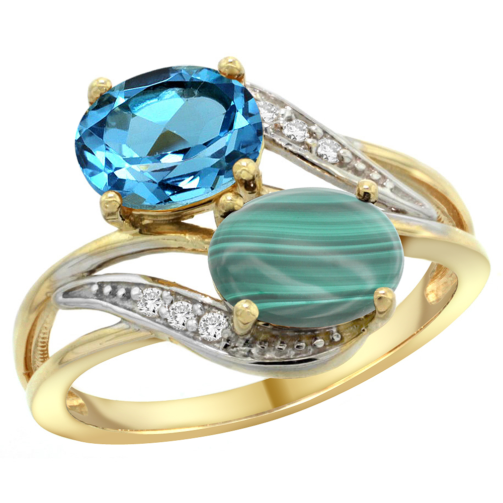 14K Yellow Gold Diamond Natural Swiss Blue Topaz &amp; Malachite 2-stone Ring Oval 8x6mm, sizes 5 - 10